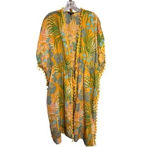 Club Z Collection Tropical Palm Leaf Kimono CoverUp XL Yellow PomPom Tassel Boho